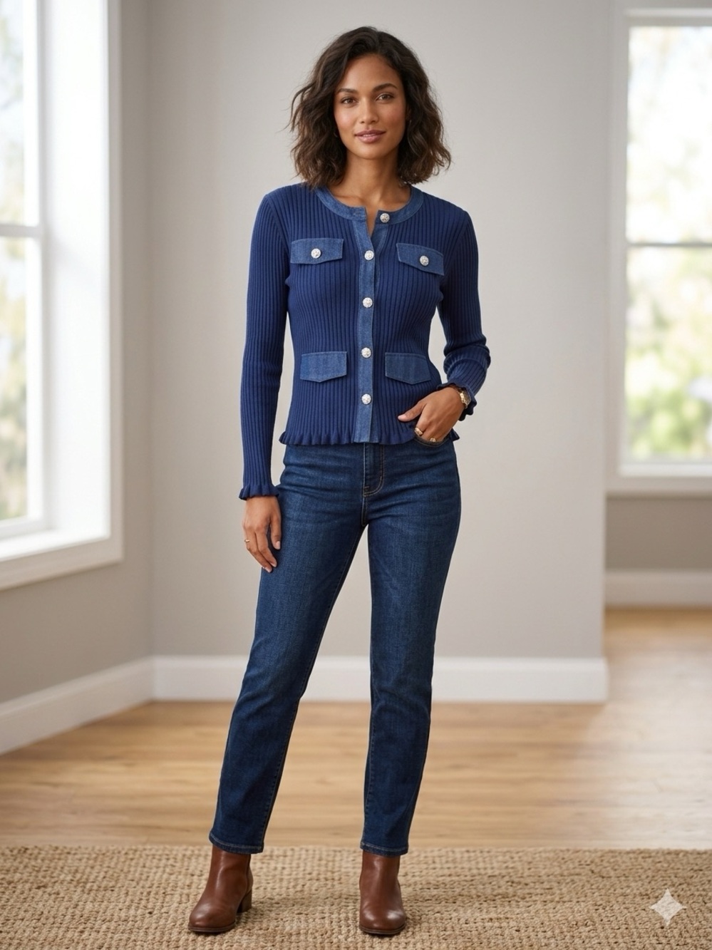 Nancy Yang Ribbed Crewneck Cardigan Sweater in Navy